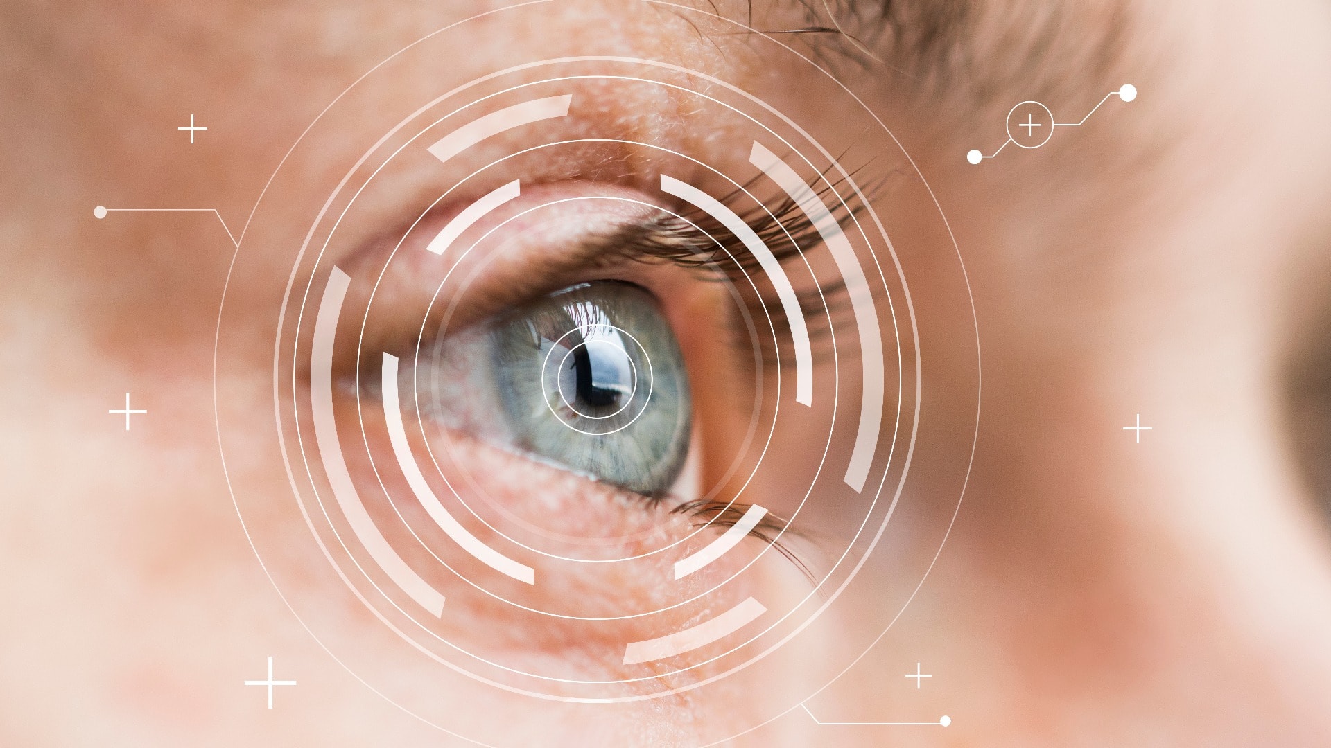 Eye monitoring and treatment in medical. Biometric scan of male eye closeup.